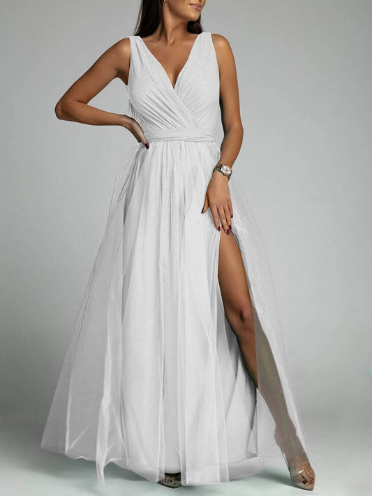 Sexy V-Neck High Slit A-Line Dress