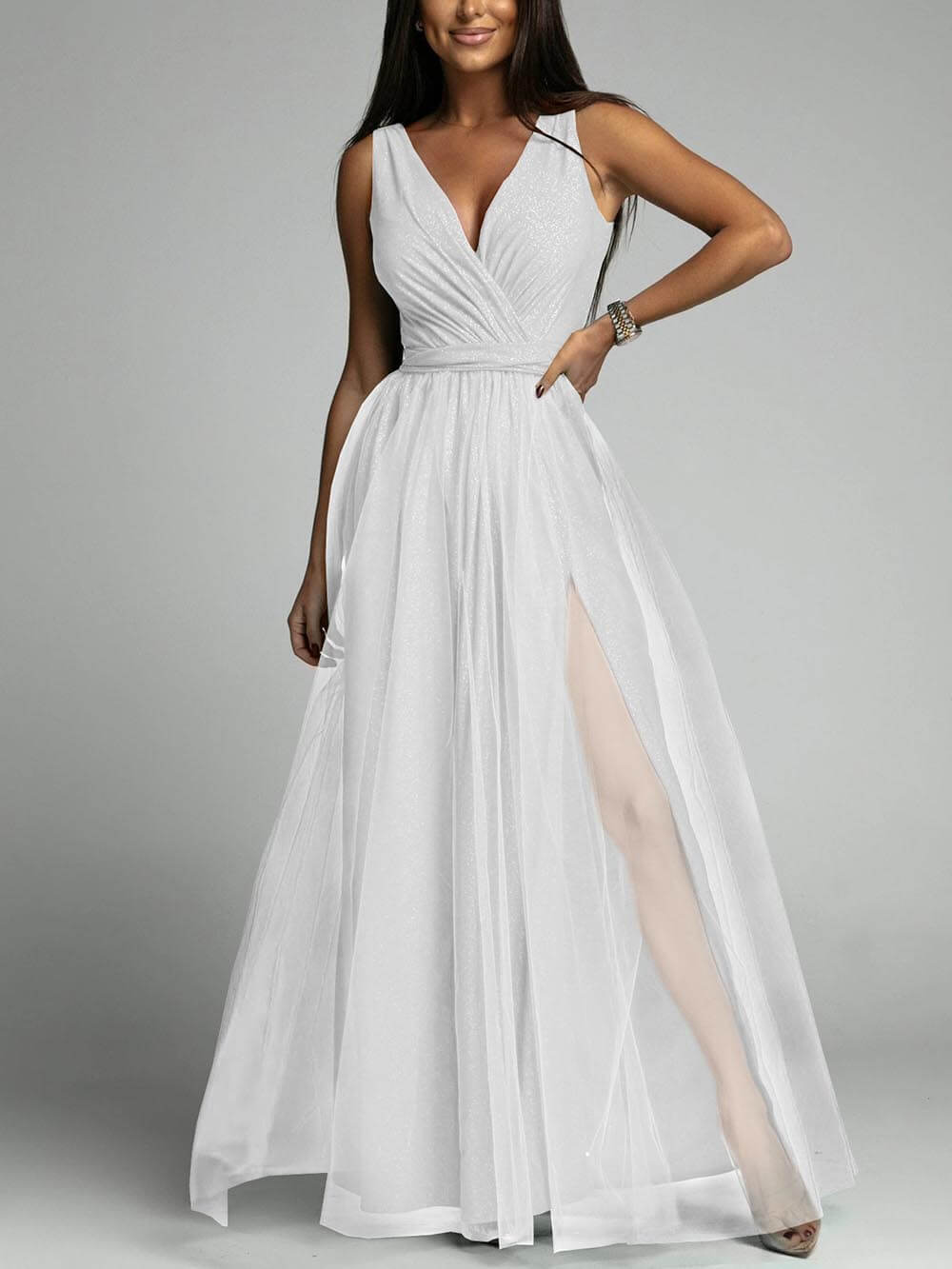 Sexy V-Neck High Slit A-Line Dress