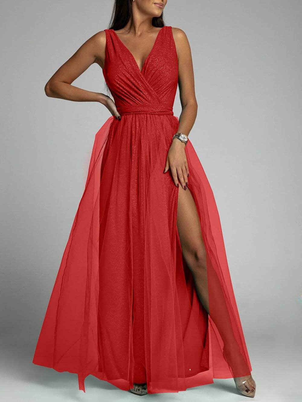 Sexy V-Neck High Slit A-Line Dress
