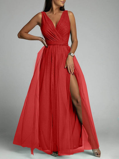 Sexy V-Neck High Slit A-Line Dress