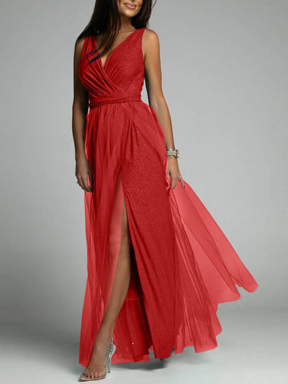 Sexy V-Neck High Slit A-Line Dress