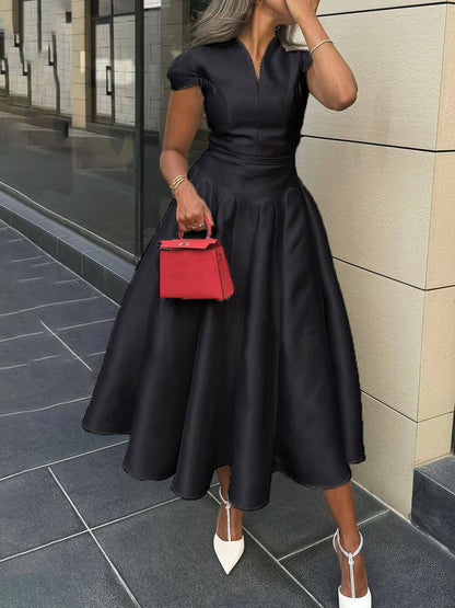 Pleated V-Neck Waisted A-Line Elegant Midi Dress
