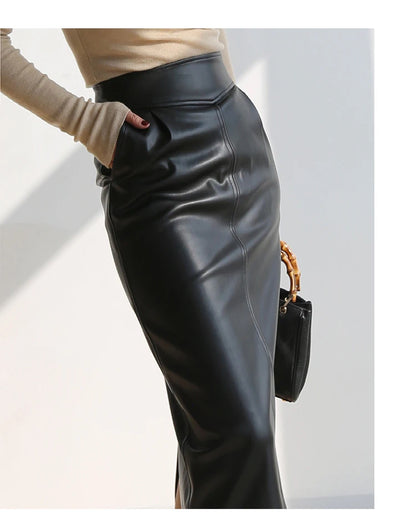 High Waist PU Leather Midi Skirt