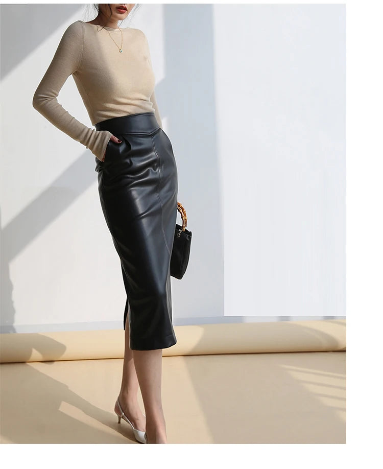 High Waist PU Leather Midi Skirt