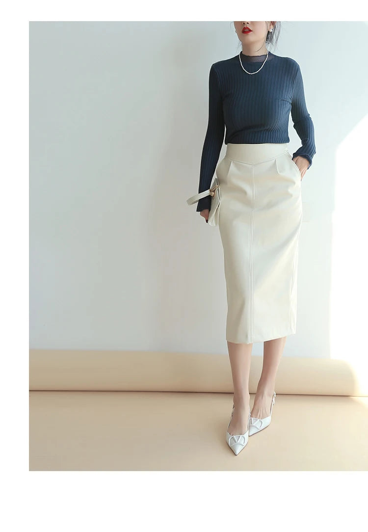 High Waist PU Leather Midi Skirt