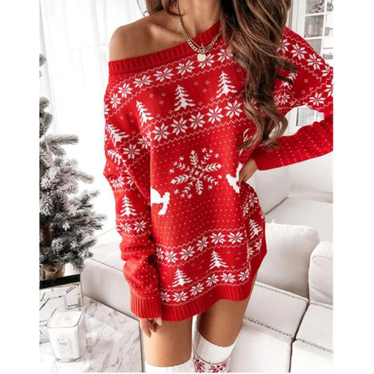 Snowflake Reindeer Knit Sweater Dress
