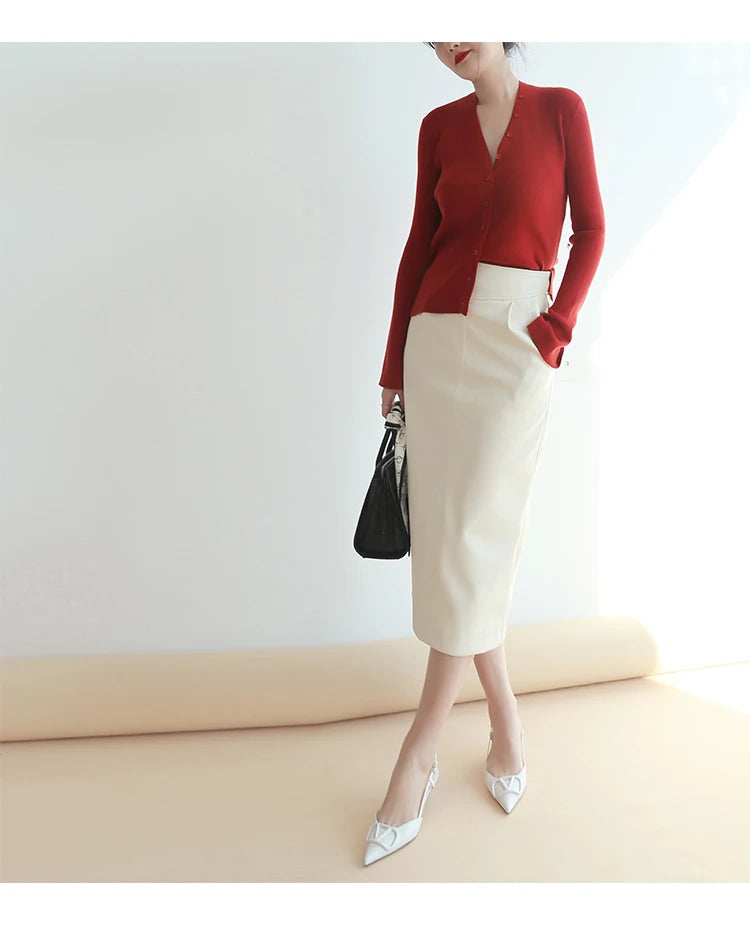 High Waist PU Leather Midi Skirt