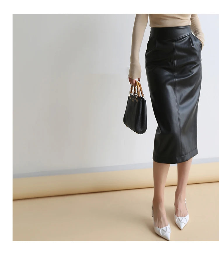 High Waist PU Leather Midi Skirt