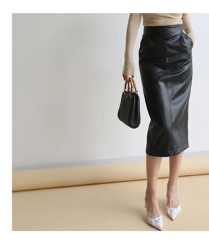 High Waist PU Leather Midi Skirt