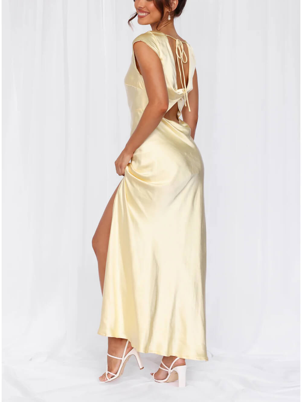 Satin Draped Neck Back Twist Dress