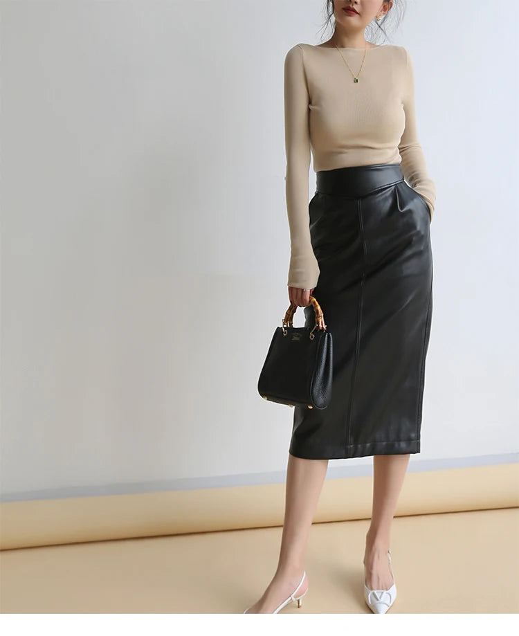 High Waist PU Leather Midi Skirt