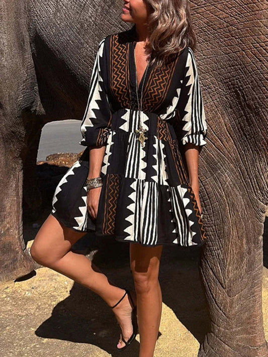Vibrant Ethnic Print Elastic Babydoll Dress