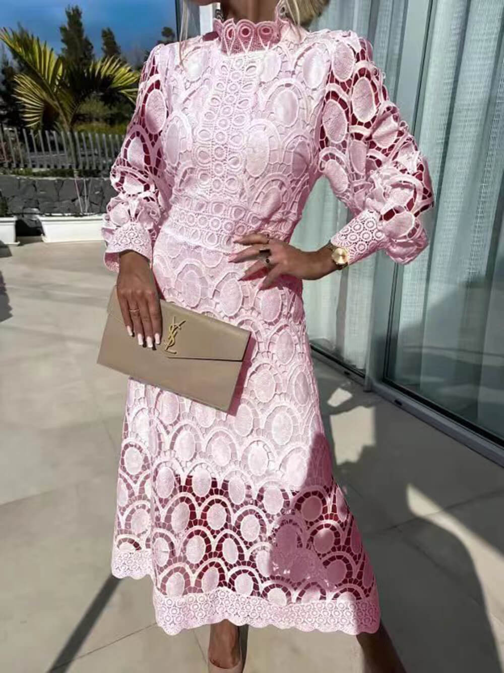 Lace Stand Collar Puff Sleeve Dress