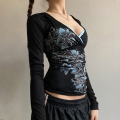 Floral Print Slim Fit V-neck Long Sleeve Top