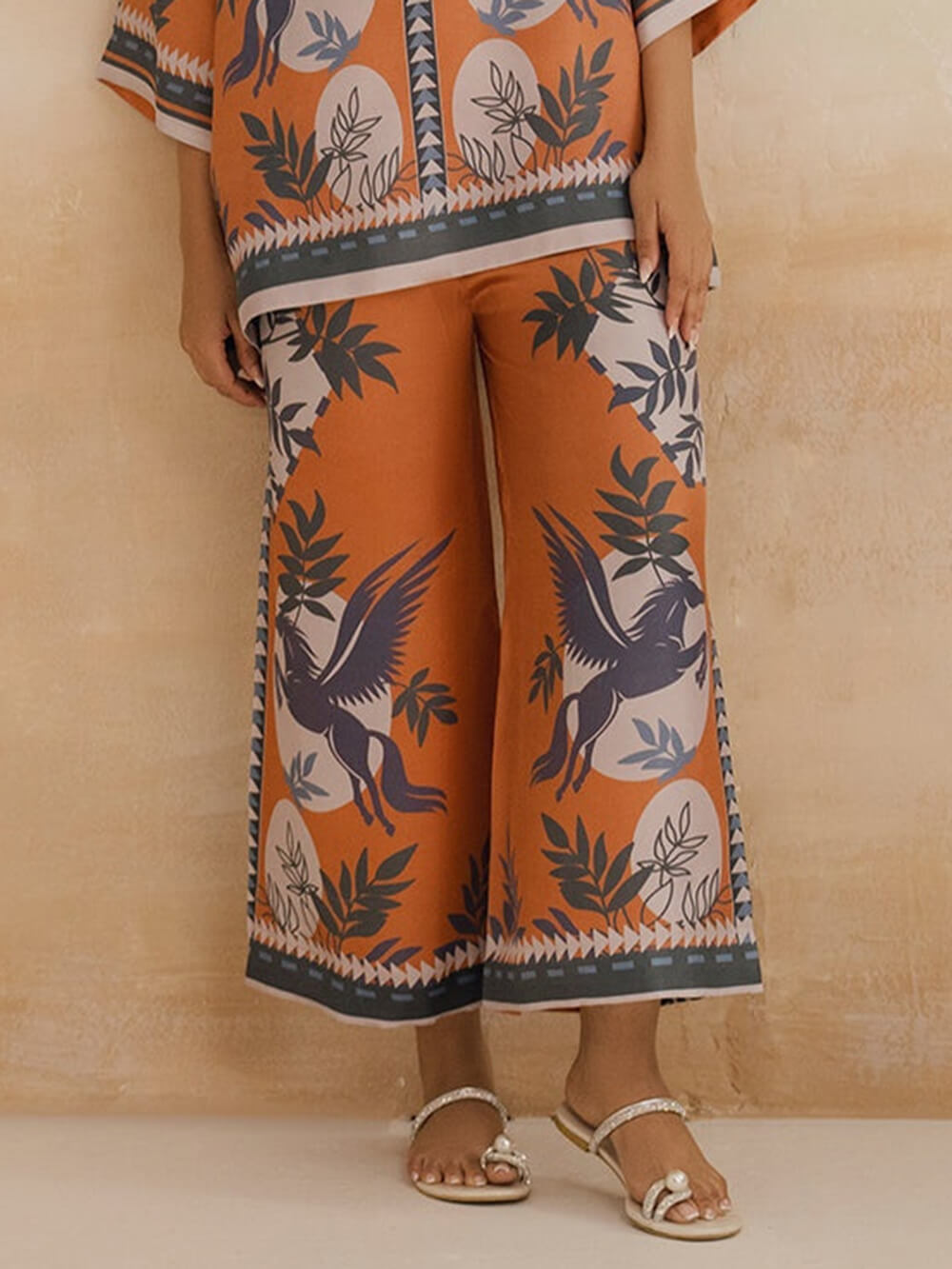 Floral Print Contrast Stitch Wide-Leg Pants