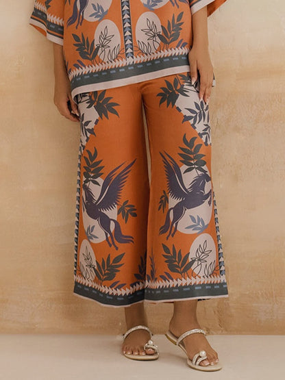 Floral Print Contrast Stitch Wide-Leg Pants