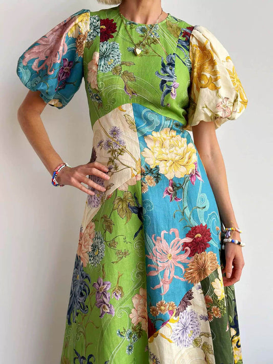 Graffiti Lantern Sleeve Casual Fashion Linen Dress