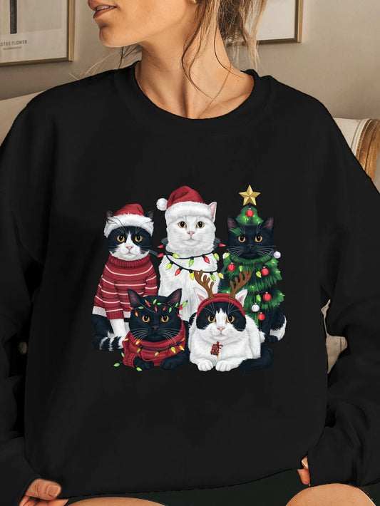 Christmas Cat Print Hoodie for Women