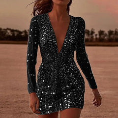 Deep V Long Sleeve Sequin Dress