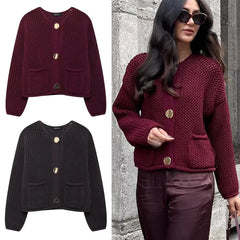 O-Neck Knit Cardigan with Pockets