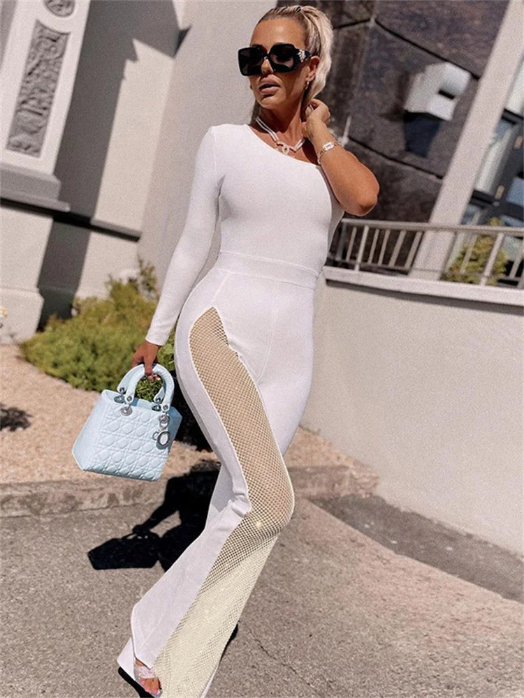 Mesh Patchwork One-Shoulder Jumpsuit