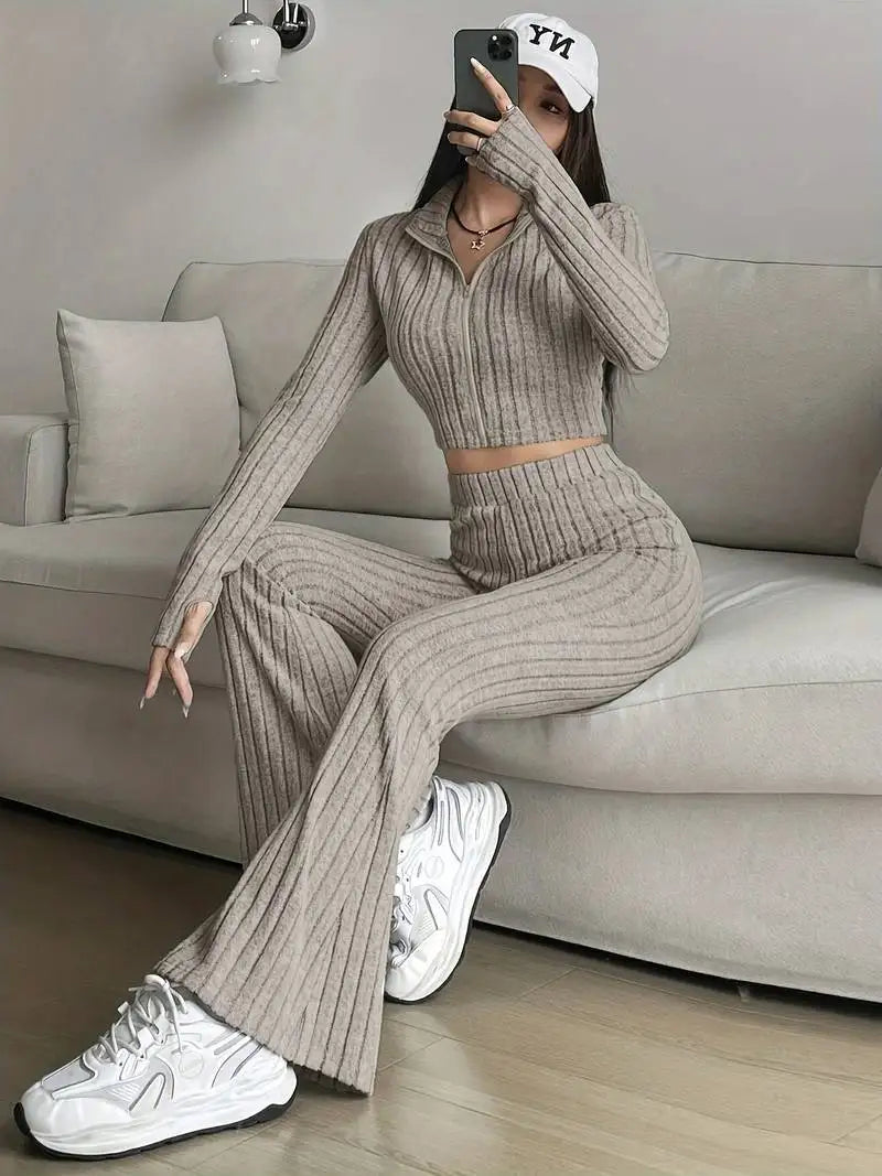 Zip Rib Knit Top and Pants Set