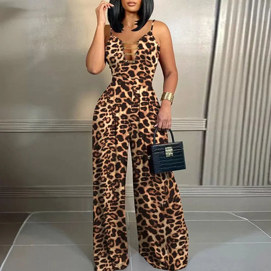 Leopard Print Chain Strap Jumpsuit