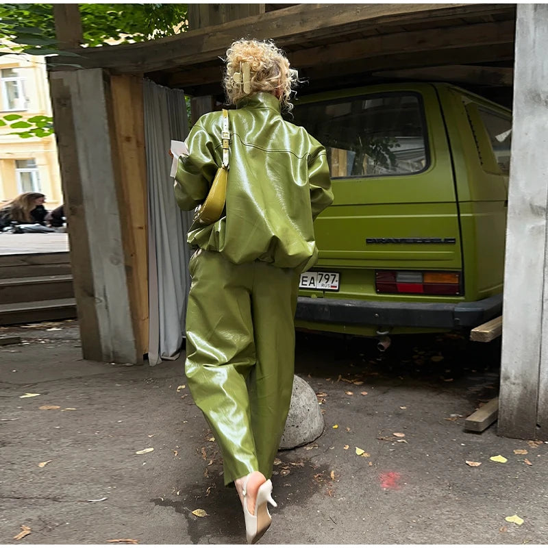 Green Faux Leather Jacket Pants Set