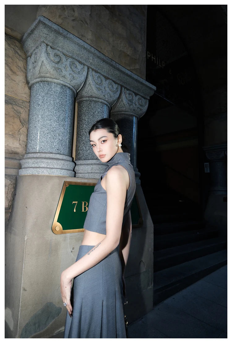 Grey Pleated Floor Length Skirt