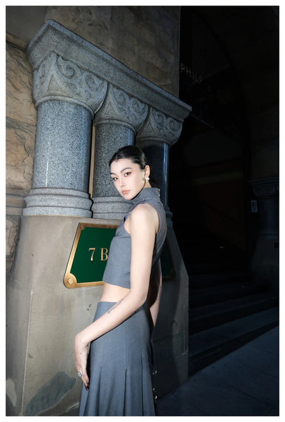 Grey Pleated Floor Length Skirt