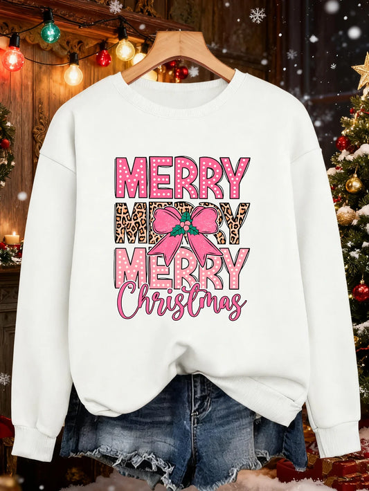 Merry Christmas Pink Bow Print Sweatshirt