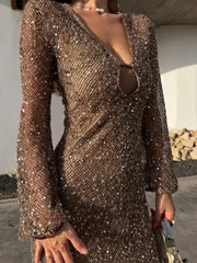 Sequin Mesh V-Neck Long Dress