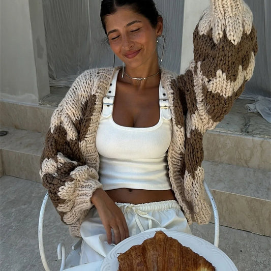 Lantern Sleeve Stripe Knit Cardigan