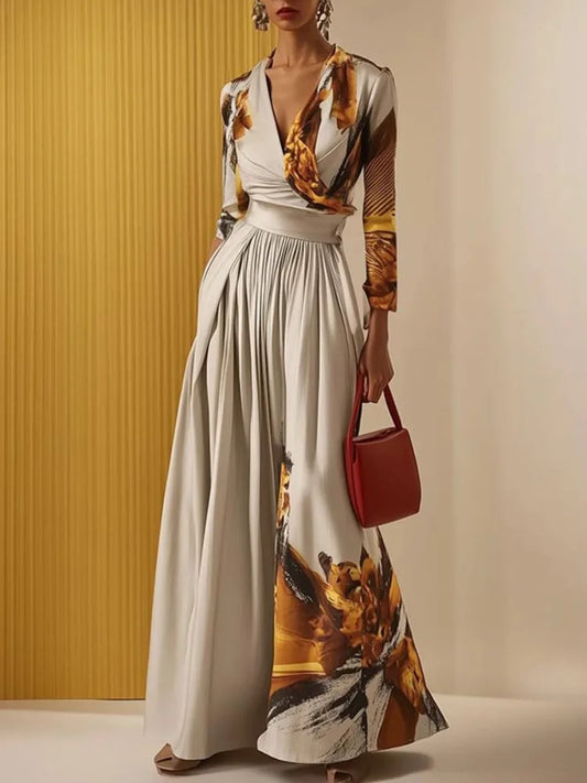 Printed Deep V Neck Wide Leg Jumpsuit