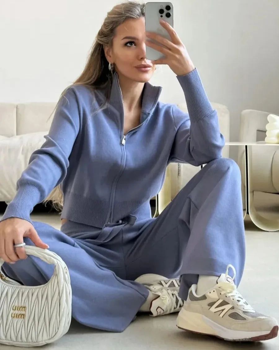 Zip Up Sweater Pants Set