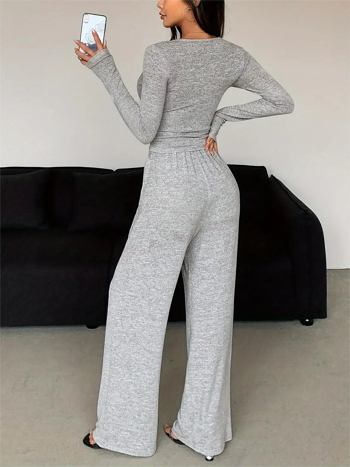 V Neck Top Wide Leg Pants Set