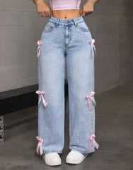 High Waist Bow Washed Distressed Wide Leg Denim Jeans