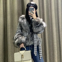 Faux Fur Houndstooth Coat