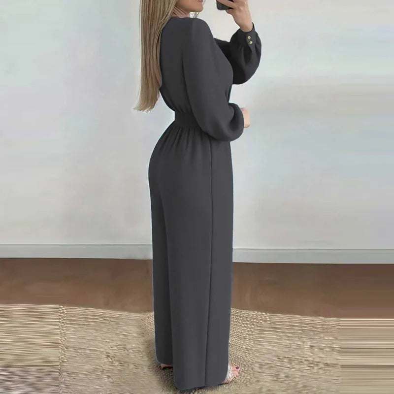 V Neck Belted Wide Leg Jumpsuit