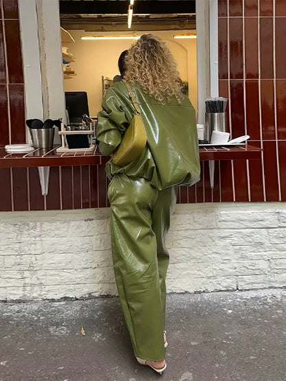 Green Faux Leather Jacket Pants Set