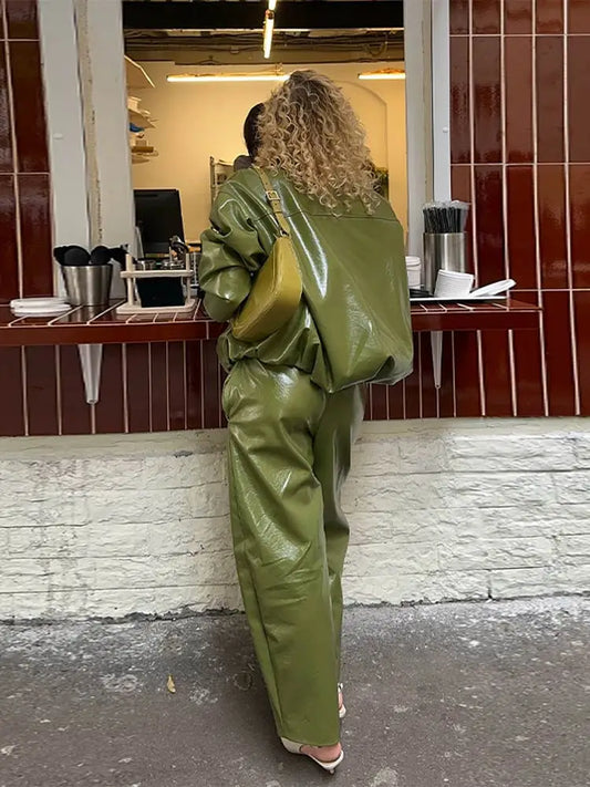 Green Faux Leather Jacket Pants Set