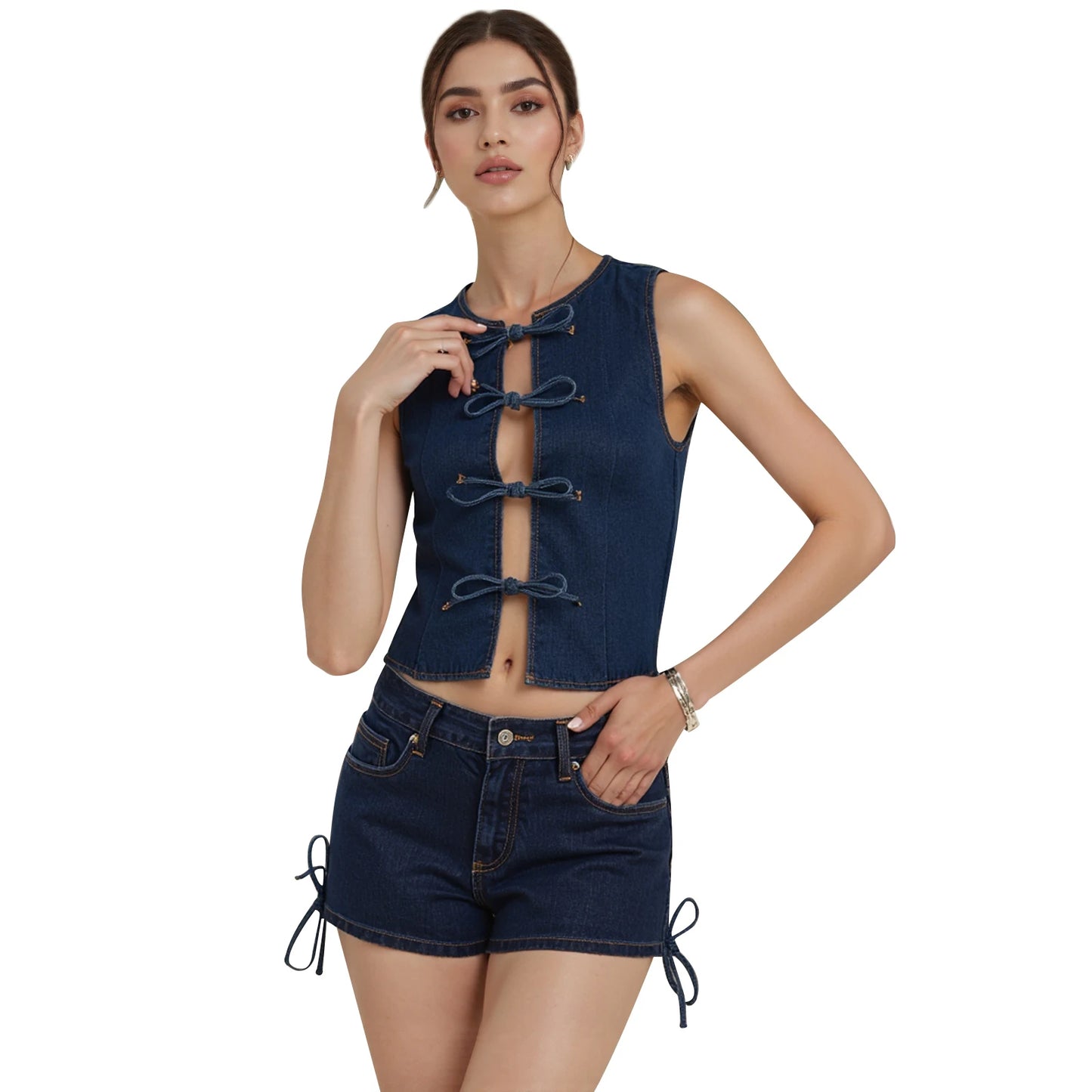 Denim Tie Front Top and Shorts Set