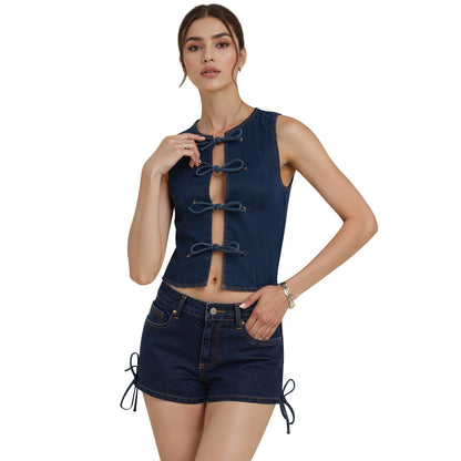 Denim Tie Front Top and Shorts Set