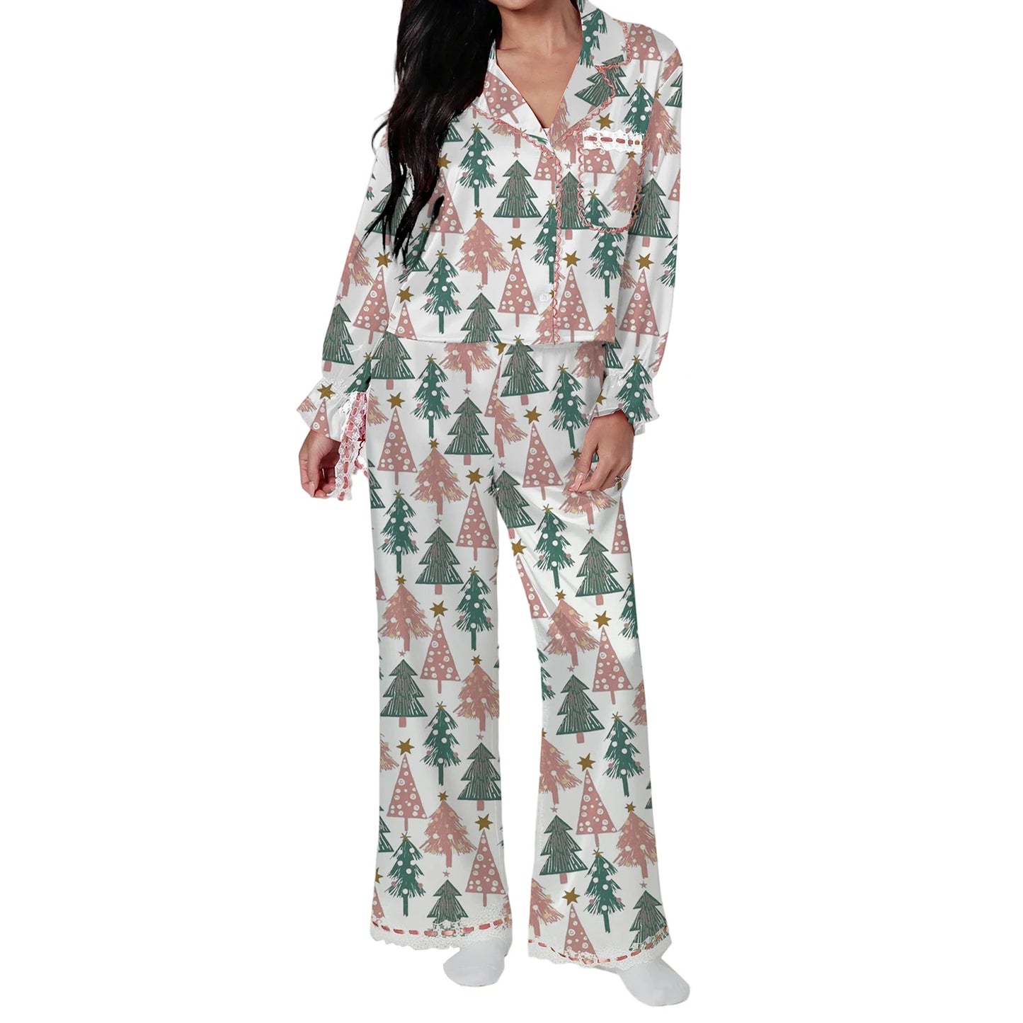 Santa Claus & Bow Print Satin Pajama Set