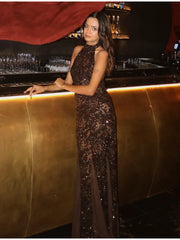 Black Sequin Halter Maxi Dress