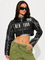 Letter PU Patchwork Crop Jacket