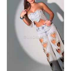 High Waist Heart Hollow Jeans