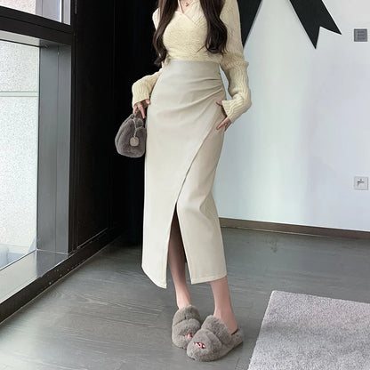 High Waist Front Split PU Leather Skirt