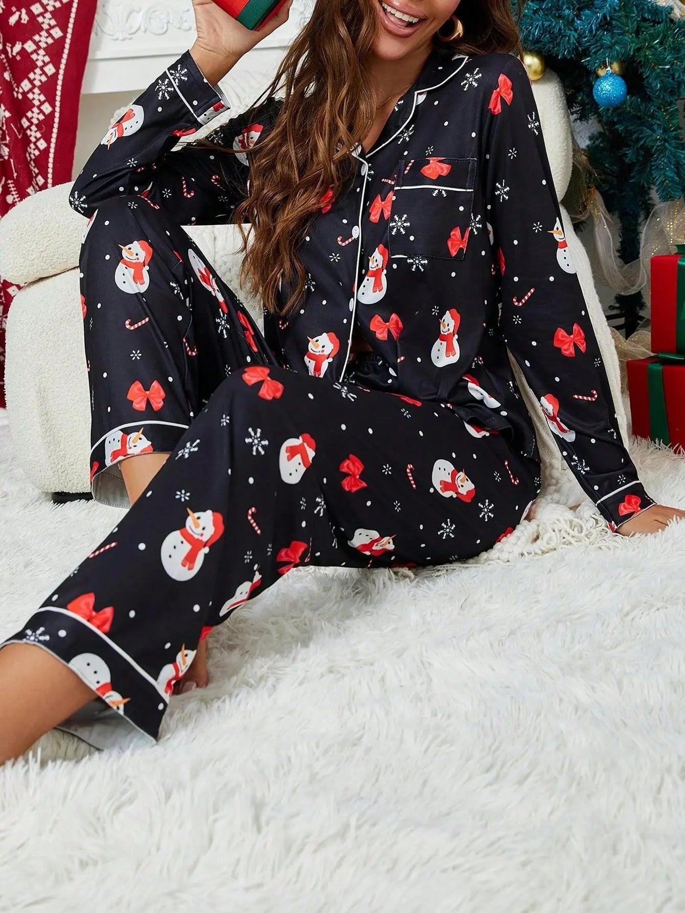 Cartoon Print Christmas Pajama Set