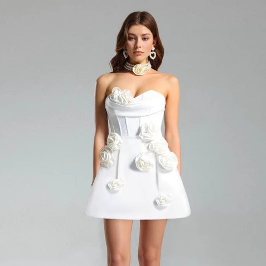 3D Flower A-Line Short White Prom Dress